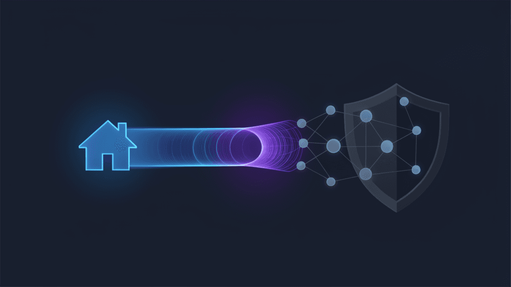 Abstract home network tunnel and privacy shield artwork for ISP visibility