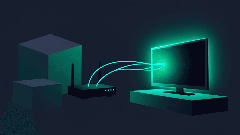 Abstract router and TV tunnel artwork for a Roku VPN guide