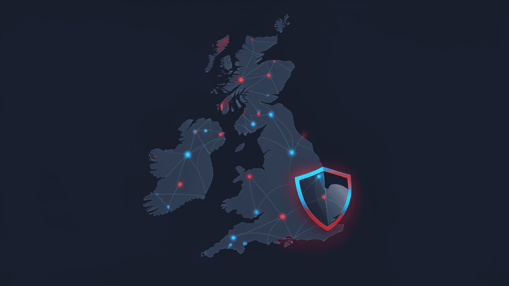 Abstract UK network map and shield artwork for a UK VPN guide